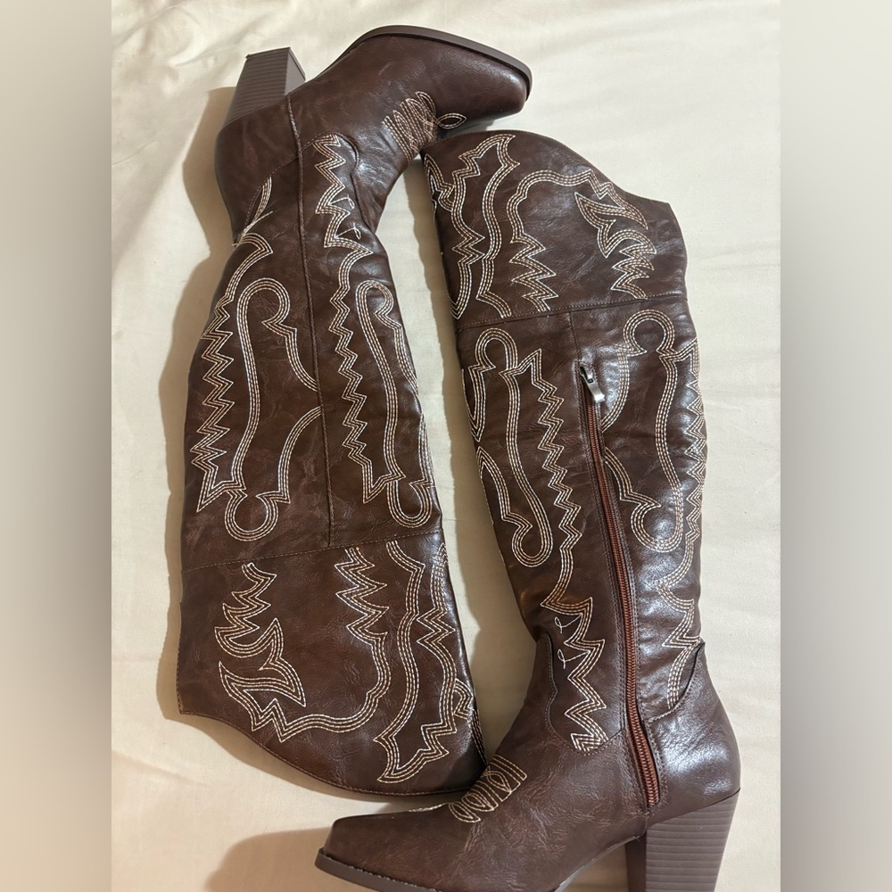 Brown Embroidered Leather Boots